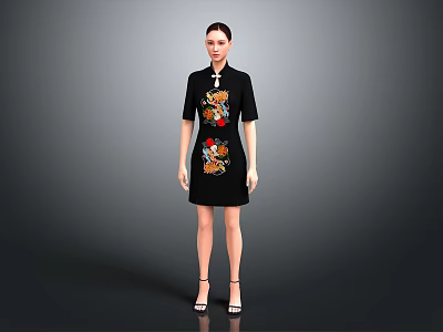 Woman Wearing Black Chinese Qipao With Colorful Embroidered Creature Pattern 3d model