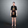 Woman Wearing Black Chinese Qipao With Colorful Embroidered Creature Pattern