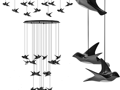 Modern Decorative Chandelier With Hanging Bird Shaped Elements For Interior Design 3d model