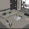 Modern Minimalist Beige Sectional Sofa And Round Marble Coffee Table Set For Spacious Bright Living Room