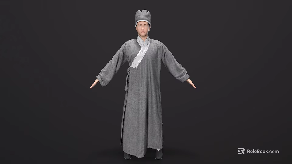Man In Traditional Chinese Gray Robe And Hat With Arms Outstretched 3d model 