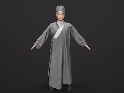 Man In Traditional Chinese Gray Robe And Hat With Arms Outstretched 3d model