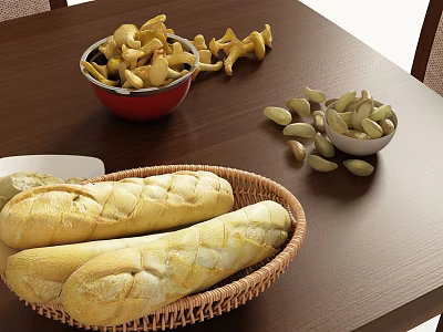 Fresh Baguettes in Wicker Basket with Chips and Pistachios on Wooden Table 3d model