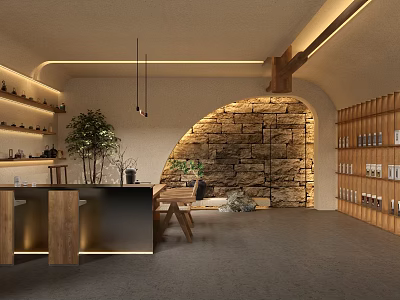 Rustic Teahouse Interior Design With Stone Wall Wooden Tables And Hanging Lights Plant Decor 3d model