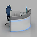 Modern Office Desk With Dual Monitors Curved Design And Blue Accent Stripes
