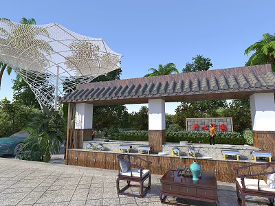 Traditional Pavilion Outdoor Leisure Space With Tile Roof Green Plants Stone Pavement And Seating 3d model