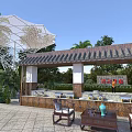 Traditional Pavilion Outdoor Leisure Space With Tile Roof Green Plants Stone Pavement And Seating
