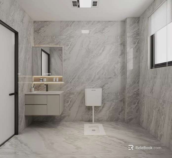 Bright Modern Light Grey Marble Tiled Bathroom With Floating Vanity And Squat Toilet Design 3d model 