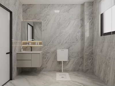 Bright Modern Light Grey Marble Tiled Bathroom With Floating Vanity And Squat Toilet Design 3d model