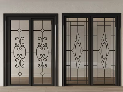 Black Frame Double Doors With Glass Panels And Ornate Decorative Patterns Design 3d model