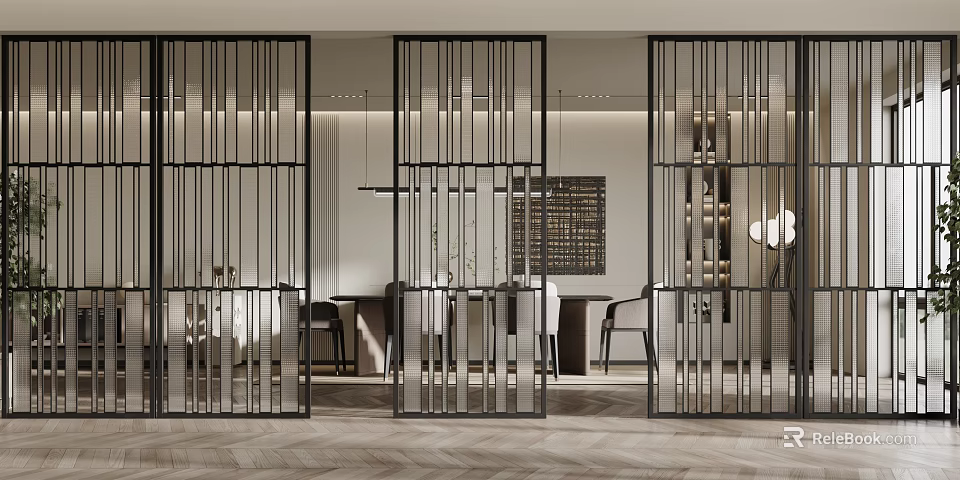Modern Interior Featuring Black Slatted Metal Room Dividers And Wooden Furniture 3d model 
