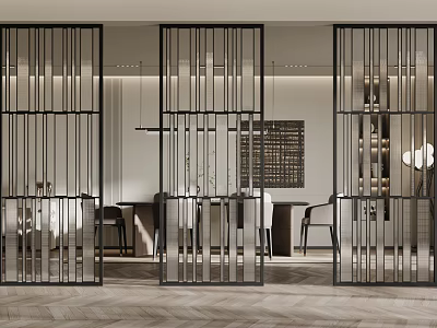 Modern Interior Featuring Black Slatted Metal Room Dividers And Wooden Furniture 3d model
