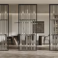 Modern Interior Featuring Black Slatted Metal Room Dividers And Wooden Furniture