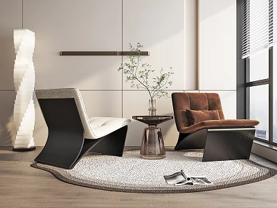 Stylish Lounge Chairs With Round Rug Small Table Potted Plant Floor Lamp And Natural Light 3d model