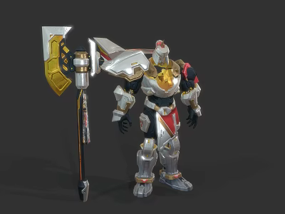 Mecha Warrior In Silver Gold Red Armor Holding Large Axe Weapon Standing Pose 3d model