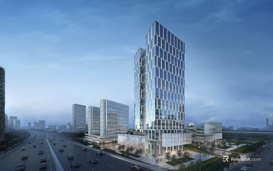 Modern High Rise Office Building with Glass Curtain Wall in Urban Area and Surrounding Roads 3d model 