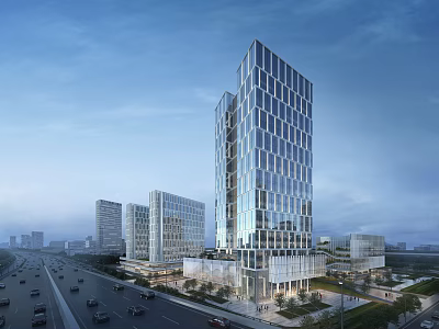 Modern High Rise Office Building with Glass Curtain Wall in Urban Area and Surrounding Roads 3d model
