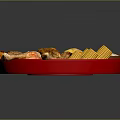 Grilled Chicken Platter With Fries Corn Sausages And Sauces On Red Plate