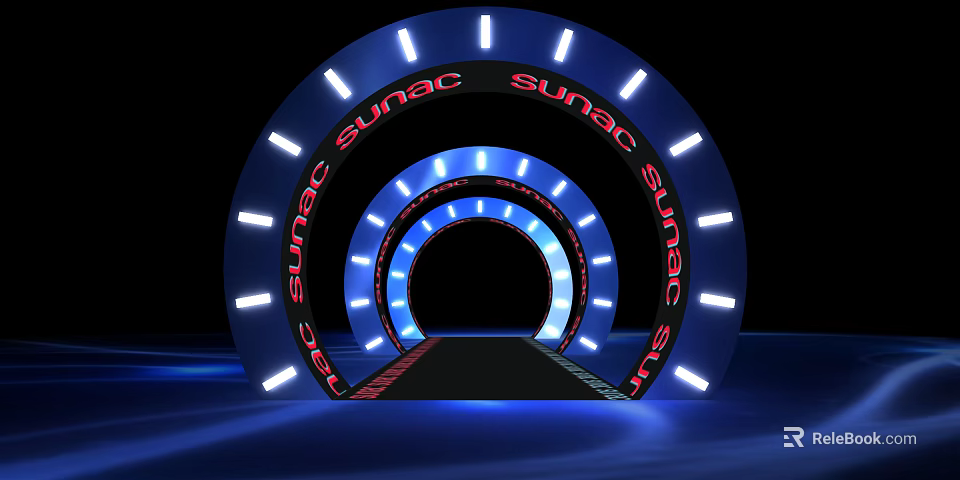 Multiple Concentric Illuminated Door Arches With Red SUNAC Lettering White Lights On Black Background 3d model 