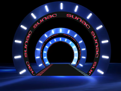 Multiple Concentric Illuminated Door Arches With Red SUNAC Lettering White Lights On Black Background 3d model