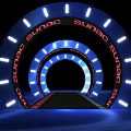 Multiple Concentric Illuminated Door Arches With Red SUNAC Lettering White Lights On Black Background
