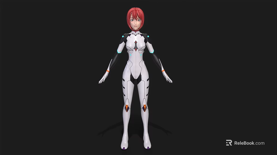 Woman with Red Hair in White Bodysuit Featuring Futuristic Black and Blue Accents 3d model 