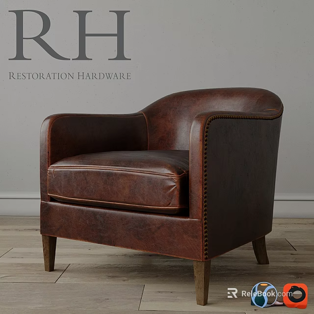 Classic Brown Leather Accent Chair With Armrests Stitching Details And Wooden Legs 3d model 