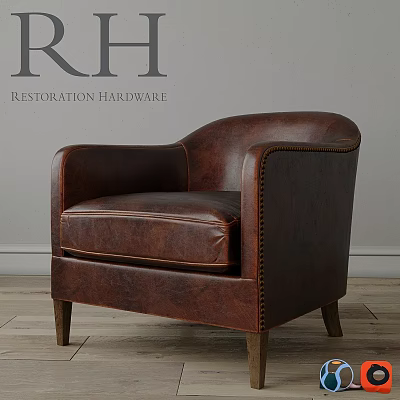 Classic Brown Leather Accent Chair With Armrests Stitching Details And Wooden Legs 3d model