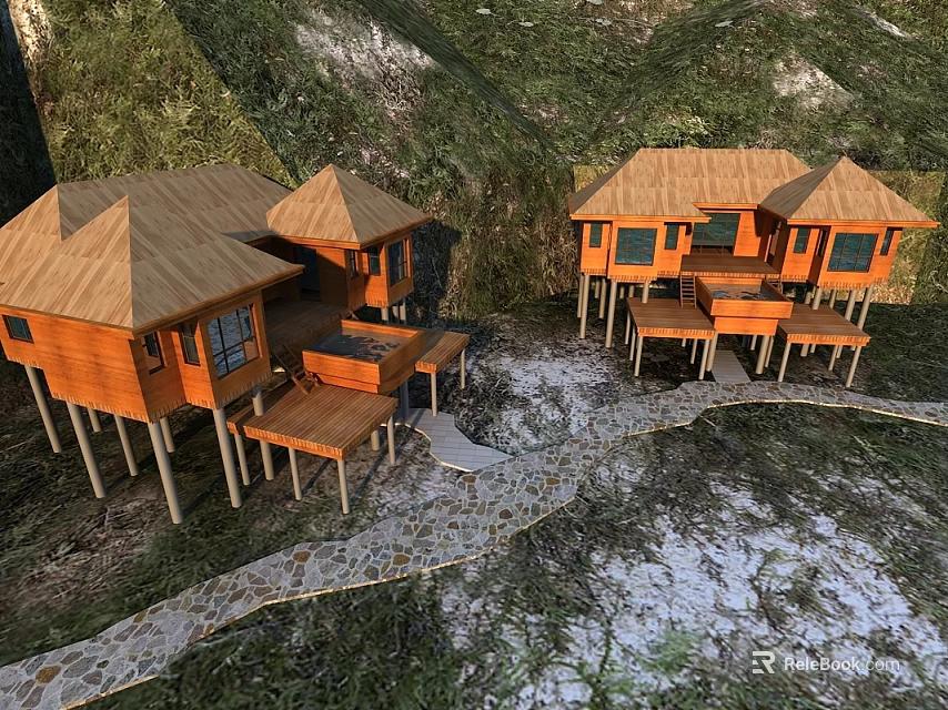 Stilted Wooden Houses With Brown Roofs And Decks Surrounded By Green Vegetation And Stone Path 3d model