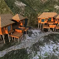 Stilted Wooden Houses With Brown Roofs And Decks Surrounded By Green Vegetation And Stone Path 3d model