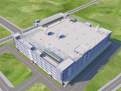 Modern Multi Storey Industrial Factory Building Aerial View With Green Lawn Road And Roof Equipment 3d model