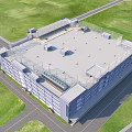 Modern Multi Storey Industrial Factory Building Aerial View With Green Lawn Road And Roof Equipment