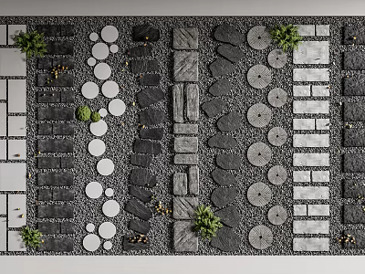 Stepping Stones Garden Path Design With Natural Stone Slabs And Small Plants 3d model