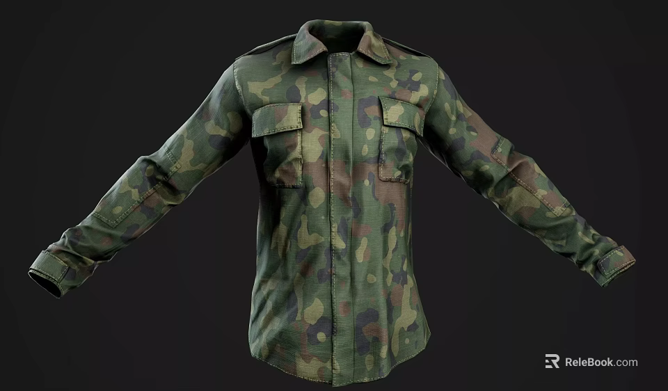 Camouflage Military Style Long Sleeve Shirt With Front Pockets And Collared Design 3d model 