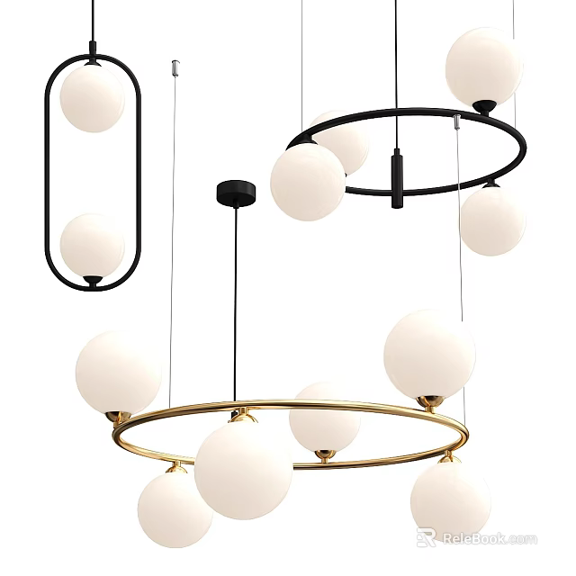 Modern Chandelier Design With Circular Rings White Globe Lights And Black Gold Frames 3d model