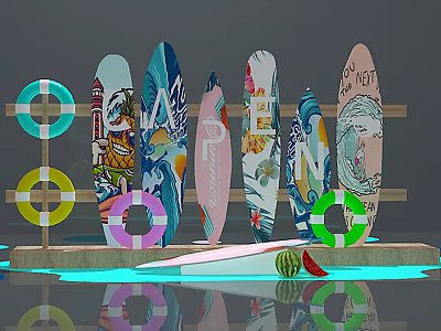 Colorful Water Playground Equipment With Surfboards Life Rings And Watermelon Decor 3d model