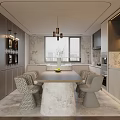Modern Restaurant Interior With Grey Cabinets Marble Island And Dining Table Chairs