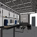 Modern Clothing Store With White Shelves Hanging Clothes Metal Table Folded Apparel And Marble Floor