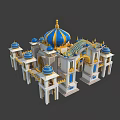 Ornate Palace Style Architecture With Blue Gold Domes White Structure And Golden Decorations