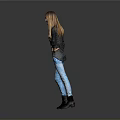 Woman In Black Top And Blue Jeans Posing With Hand On Hip Against Gray Background