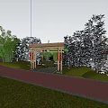 Rural Landscape With Bamboo Grove Green Grassland Wooden Canopy Tables Chairs And Stone Flower Beds