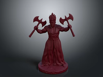 Red Man Statue Holding Two Axes With Flame Like Headpiece In Long Robes On Base 3d model