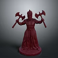 Red Man Statue Holding Two Axes With Flame Like Headpiece In Long Robes On Base