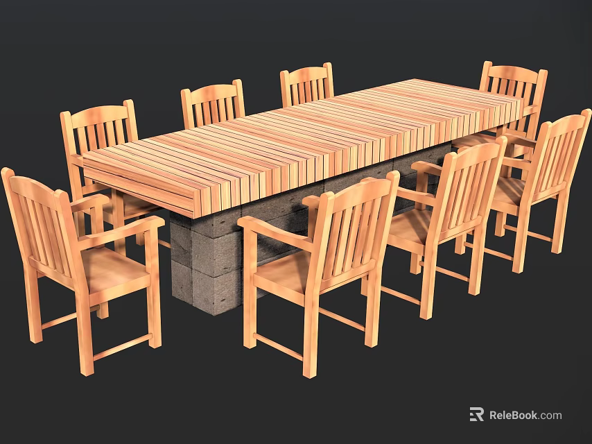 Long Rustic Wooden Dining Table With Surrounding Wooden Chairs And Stone Base 3d model 