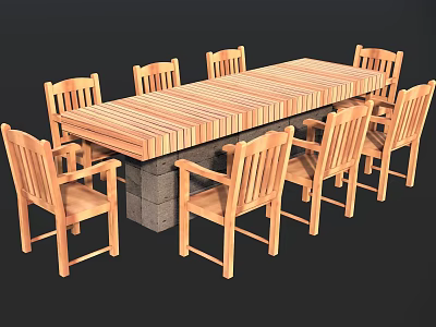 Long Rustic Wooden Dining Table With Surrounding Wooden Chairs And Stone Base 3d model