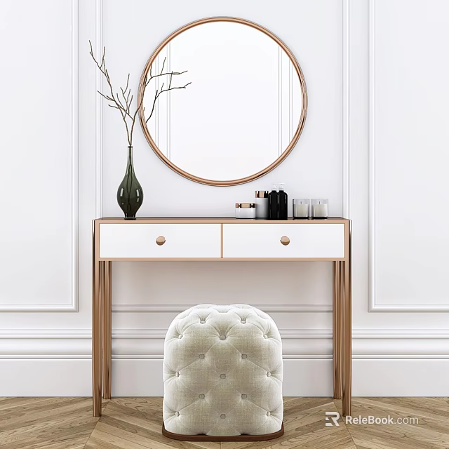 Elegant Modern Dressing Table With White Top Gold Legs Round Mirror And Velvet Stool 3d model 