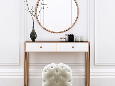 Elegant Modern Dressing Table With White Top Gold Legs Round Mirror And Velvet Stool 3d model