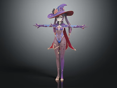 Fantasy Witch Character in Purple Outfit With Large Decorative Hat And Magic Elements 3d model