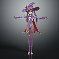 Fantasy Witch Character in Purple Outfit With Large Decorative Hat And Magic Elements 3d model