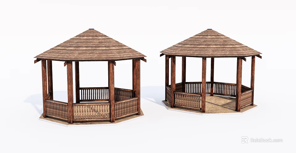 Two Wooden Gazebos With Pyramid Roof Railing And Columns Design 3d model 